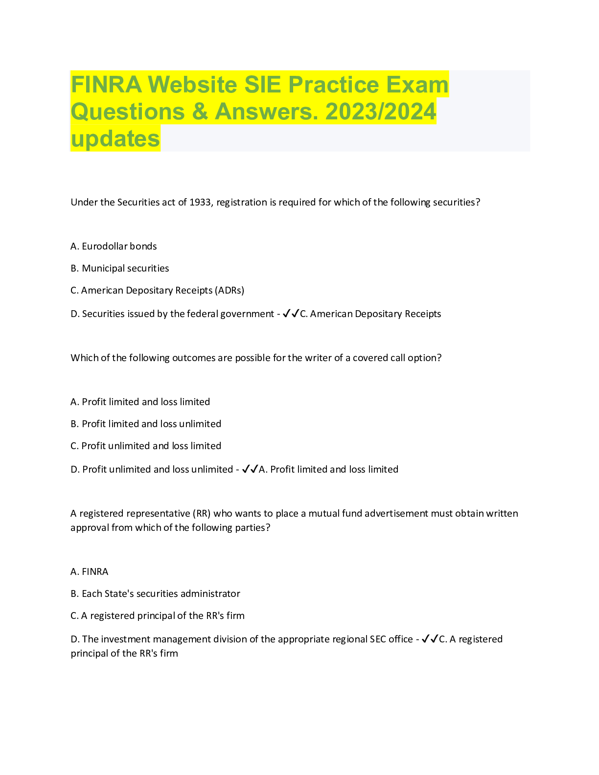 Preview of FINRA Website SIE Practice Exam  Questions & Answers. 2023/2024  updates